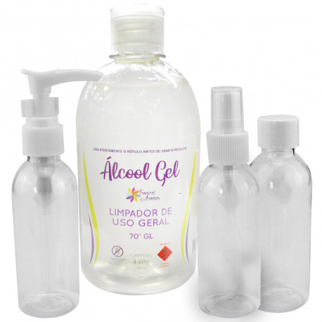 Kit 1 Alcool em gel 70º + 3 Frascos para Viagem 60ml Clink