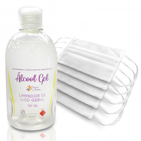 Kit 5 Máscaras Descartáveis para Proteção Facial + 1 Álcool 70º
